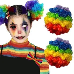 2 Pack Rainbow Afro Puffs Drawstring Ponytail Extension for Women Clown Costume Clown Wig Hair Puff Buns Short Synthetic Hair Accessories for Pride Parade Halloween Cosplay Party (Rainbow)