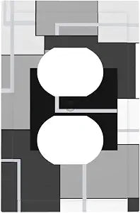 Modern Mid Century Abstract Geometric Black and White Grey Gray 1 Gang Electrical Single Device Duplex Receptacle Light Switch Outlet Cover Wall Plate Electric Plug Socket Cover Decorative Switchplate