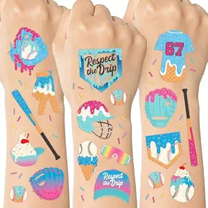 xo, Fetti Baseball Drip Tattoos - 60 Temporary Tattoos | Baseball Party, Kids Party, Sports Theme, Ice Cream Party, Drip Art, Blue, Pink, Party Favors