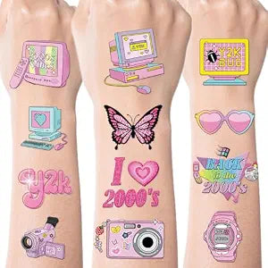 Y2K Temporary Tattoos Decor, 200+ Y2k Birthday Party Decorations, Cool 2000s Cyber Trendn Tattoo Stickers for Teens Retro 00s Bachelorette Party Favors Supplies