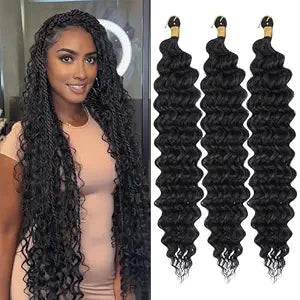 ZRQ Deep Wave Curly Braiding Hair 18Inch 3 Packs Boho Hair for Braiding #1B