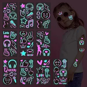 Konsait Glow in The Dark Temporary Tattoos for Kids Adults,10 Sheet Neon Music Party Body Face Tattoos Waterproof Fake Tattoos Stickers for Boys Girls Women Birthday Gifts Glow Party Favor Supplies