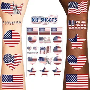 136 PCSAmerican Flag Temporary Tattoos, Patriotic Red White Blue Tattoo Stickers, Waterproof Body Art for Fourth of July Decorations, Independence Day Memorial Day Labor Day