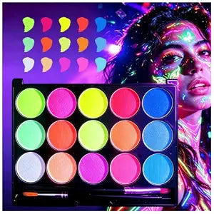 15 Bright Colors Glow UV Blacklight Face Paint,Neon Fluorescent Body Painting Palette,Water Activated Makeup Eyeliner,Water Based Glow In The Dark Party Halloween Washable for Adult Body Paint Set