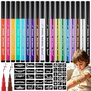18 Colors Face Painting Markers, Water Resistant Smudge-proof Face Paint Pens with 138 Stencils, 6 Glitter, 12 Matte, Sweatproof Skin-Safe Tattoo Makeup Pens Body Markers for Party Kids & Adults
