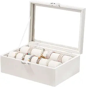 Bracelet Holder Organizer Box, Jewelry Storage Case with 2 Rods, Bangle Watch Display Tray for Women Girls (Beige)
