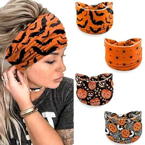 winthrop 4 Pack Halloween Headbands for Women, Cute Pumpkin Bat Spider Prints Wide Stretchy Hair Bands, Breathable Stretchy Non-Slip Holiday Themed Hair Accessories for Party, Yoga, Makeup, Costume