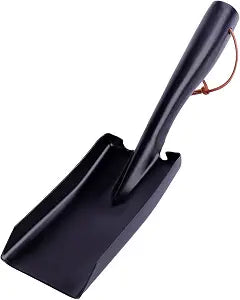 Metal Garden Ash Shovel, Black Steel, Compact Size with Leather Strap, for Fireplace, BBQ, Charcoal Cleanup