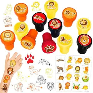 36PCS Lion Party Favors - 24PCS Pre-Cut Temporary Tattoos & 12PCS Stamps
