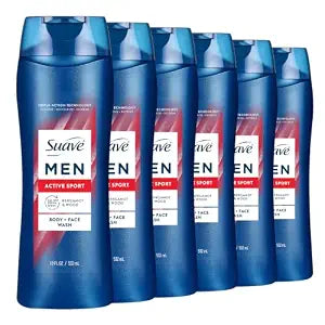 Suave Men Moisturizing Body & Face Wash, Energizing Sport with Bergamot & Wood Scent, No Parabens, No Phtahaltes, 18 Oz Pack of 6