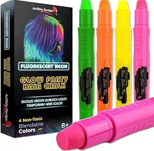 Glow Party Hair Chalk Fluorescent Neon Temporary Hair Color Glows in UV or Black Light