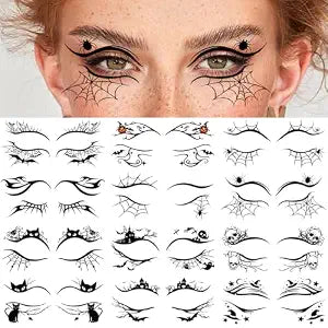 24 Pairs Halloween Eye Shadow Stickers Face Makeup Patches, Eyeliner Decals Spider Web Cat Skull Bat Temporary Tattoo for Women Men Girls Fake Tattoos Halloween Masquerade Party Supplies