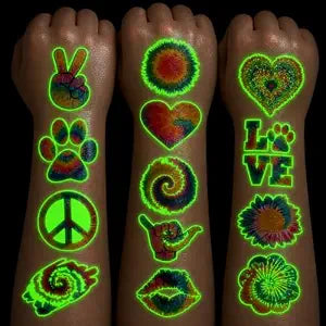 96 PCS Tie dye Pre-cut Luminous Temporary Tattoos Birthday Glowing