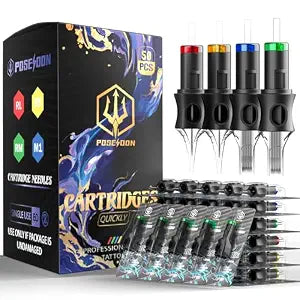 POSEIDON 50PCS Tattoo Cartridge Needles Assorted Mixed Size #12 Round Liner Shader Magnum - 5RL 7RL 9RL 5RS 7RS 9RS 7M1 15M1 7RM 15RM with Membrane Professional Disposable Tattoo Needles