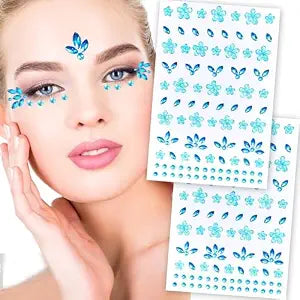 Flower Face Tattoo Sticker Blue Face Gems Summer Face Jewelry for Girls- Self-Adhesive Rhinestones for Eyes, Face, Nail Body ��� Festival Halloween Christmas Cosplay Makeup Decoration