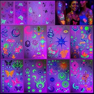 UV Neon Temporary Tattoos,12 Sheets Glow in the Dark Party Tattoos for Adults Girl,Dual Vibe Colorful&Neon Glow Patterns Boho Tattoos,Waterproof Fake Tattoos for Festival,Party,Rave,Halloween Body Art