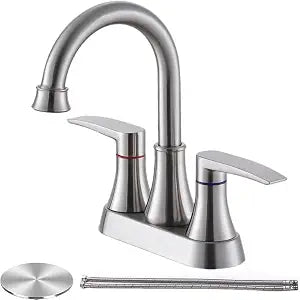 Brushed Nickel Bathroom Faucet, 2-Handle Lead-Free 360 Swivel High-Arc Spout 4 Inch Centerset Bath Lavatory Vanity Sink Faucets Set for Sinks with Drain & Water Hoses, VABM80008L