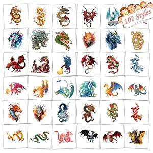 102 PCS Individually Wrapped Dragon Temporary Tattoo for kids - Dragon Temporary for Girls Boy Body Arm Shoulder Cute Tattoos Stickers, Birthday Party Supplies Gifts for Kids