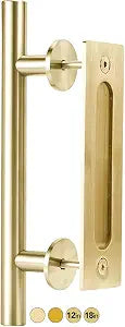 Rio Salto 12-Inch Brushed Brass Gold Barn Door Handle Kit, Closet Door Handle, Solid Aluminum Pull Handle and Flush Handle Set Heavy Duty Large Sliding Door Handles Hardware Included (1-Door Pack)