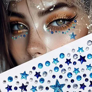 4-Pack Independence Day Blue Rhinestone Face & Body Stickers - Patriotic Glitter Face Jewels for Cheeks, Body, Nails - Self-Adhesive Star & Sparkle Gems Decals 4th of July Parties Decoration