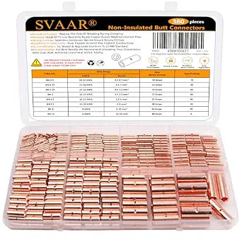 SVAAR 380PCS Non-Insulated Butt Connectors kit 26-6 AWG Crimp Butt Splice Connector, Heavy Duty Pure Copper Seamless Barrel Butt Splice Terminals, Uninsulated Splice Connectors for 26 to 6 Gauge Wire