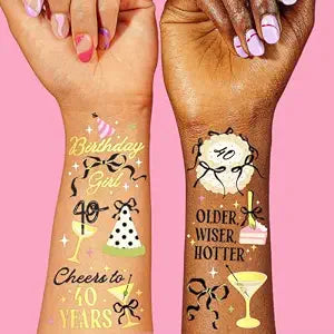 xo, Fetti 40th Birthday Temporary Tattoos - 46 designs, 2 sheets | Gold Foil, Milestone Party Favors, Forty Celebration Decor, Photo Booth Props, Glam Accessory, Adult Birthday