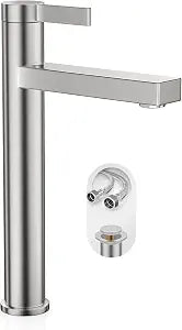 Phiestina Brushed Nickel Tall Bathroom Vessel Sink Faucet, Single Hole Single Handle Modern Above Counter Sink Bathroom Faucet, with Water Supply Line and Pop Up Drain, FH03-BN-V