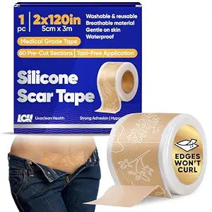 Silicone Scar Tape 2" x 120" (3m Roll) - Washable, Reusable Silicone Scar Sheets w/Strong Adhesion - Scar Tape for Surgical Scars, C Section Scar Silicone Strips - Fades the look of Marks Away