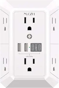 Outlet Extender Surge Protector - NUOZHI 6 Outlet Splitter with 4 USB Ports(2 USB-C), Multi Plug Wall Outlet 1680J Power Strip for Home Office Dorm Room Essentials, ETL, White