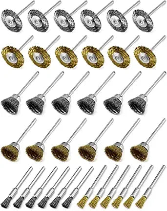 QWORK 36Pcs Brass & Stainless Steel Wire Brush Polishing Wheel Kit for Rotary Tools - for Metal, Wood Grinding, Deburring, and Polishing
