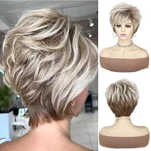 Short Blonde Pixie Cut Wig for White Women, Brown Mix Blonde Synthetic Wig for Senior Women 60+, Natural Looking Short Hair for older Women, Lightweight Hair Replacement for Thinning Hair