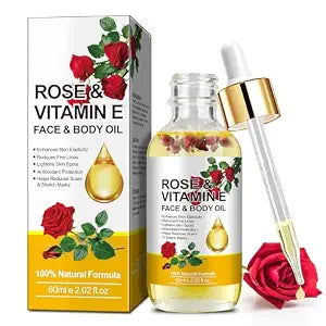 Rose Oil for Face, Rose Vitamin E Oil, Premium Vitamin E Facial Oil - Deep Hydration for Face & Body, Nourishes Dry Skin, Facial Care Support 2 Fl Oz