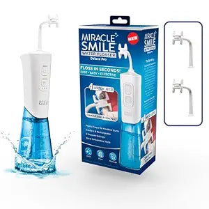 Ontel Miracle Smile Water Flosser for Teeth&Gum Health, Unique H-Shaped Flossing Head&4 Water Jets, Cordless Water Flosser Features 360�� Cleaning&3 Pressure Modes, USB Rechargeable Dental Floss, White
