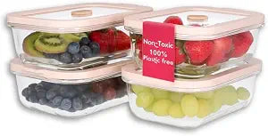 Non-Toxic Glass Food Containers with Lids, 4-Pack, 21 oz, Airtight, Beige