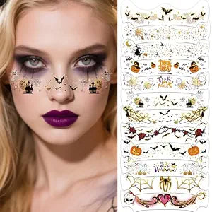 12 Sheets Halloween Face Patches Temporary Tattoo, Ghost Skull Witch Bat Spider Pumpkin Rose Waterproof Fake Face Makeup Patches For Women Girls Halloween Festival Party Face Decor