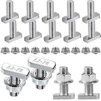 Yeasing T Bolt Set M8x20mm T Slot Drop-in Bolt Hammer Head Bolts T Shape Stud Sliding Screw with 10 Pcs Hexagon Flange Nuts for Aluminum Extrusion Profile Photovoltaic Solar Mounting, sliver