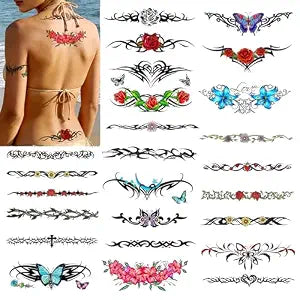 Roarhowl Temporary Tattoos for Women sexy, 25-36 Designs, Waterproof, Classic and Floral Large-Sized, Roses, Butterflies tattoo, Tribal Patterns, for Chest, Back, Waist tattoos (Medium)