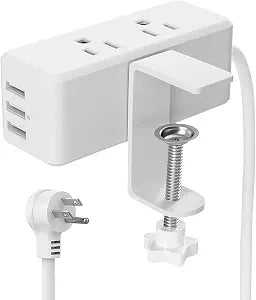 Desk Clamp Power Strip - Compact Desk Edge Mount Outlet,6 AC Outlets,3 USB-A Ports,Desktop Plug Power Station,Fit 2.4" Tabletop Edge,Table Leg.6.5ft Extension Cord,Flat Plug,White