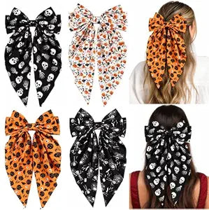 Halloween Hair Bow for Women Girls Large Satin Bows with Long Tails