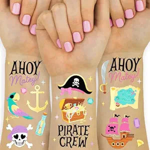 xo, Fetti 48 Pirate Crew Temporary Tattoos - Gold Foil Pcs | Birthday Accessory, Girl Treasure Hunt Decorations, Kids Ahoy Party Favor, Cute Pink Activity