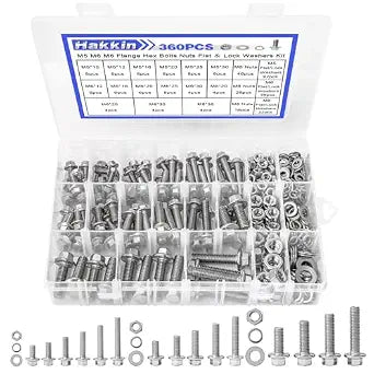 360PCS M5 M6 M8 Flange Bolts and Nuts Assortment Kit, 304 Stainless Steel Metric Flange Bolt Assortment, M5-0.8 M6-1.0 M8-1.25 Hex Bolts Nuts Screws Flat & Lock Spring Washer, Full Thread