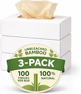 Unbleached Bamboo Facial Tissues, Lint Free & Quilted 3-Ply, Hypoallergenic for Sensitive Skin, Plastic-Free Box, 3 Boxes of 100 Sheets (300 Total)