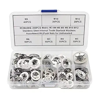 300PCS Metric M3 M4 M5 M6 M8 M10 M12 Stainless Steel Internal Tooth Starlock Washers Assortment Kit;External Push Rings; Push On Washers;Push Nuts for Unthreaded Shafts
