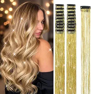 Hair Tinsel Clip in 18Pcs 24Inch Glitter Hair Extensions Clip in Tinsel Kit Heat Resistant,Sparkly Fairy Accessories for Women Girls Kids (Gold)