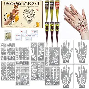 136 PCS Henna Tattoo Stencil Kit, 6 PCS Henna Cones Brown Red Black Henna DIY Face Body Art Mehndi Henna Stencils Skin Painting Temporary Tattoos Kit for Adult Women Men Bridal Wedding Ramadan Party
