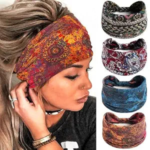 Olbye Wide Boho Headbands Floral Stretch Head Wraps Bohemian African Turban Hairbands Knotted Bandana Headband Yoga Running Head Scarfs Workout Hair Accessories for Women 4Pcs (Boho, 9.4 * 5.9'')