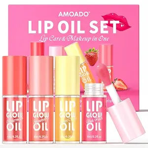 AMOADO Lip Oil, Tinted Lip Glow Oil ��������� Hydrating & Nourishing, Lip Oils Gift Set, Fruity Lip Oils Gloss Non-Sticky & Glossy Finish, 4 Colors Lip Gloss for Girls