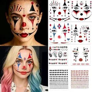 Halloween Clown Makeup Kit ��������� 8 Sheets Clown Face Stickers & Gems, Temporary Clown Face Tattoos, Clown Makeup Tattoos, Clown Accessories for Cosplay, Party & H