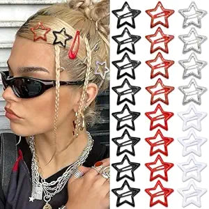 NAISKA 24Pcs Black Red Sequins Star Hair Clips Y2K Star Snap Hair Barrettes for Women Cute Small Metal Clips for Hair Kawaii Metal Hair Pins Girls Barrettes for Hair Halloween Hair Accessories