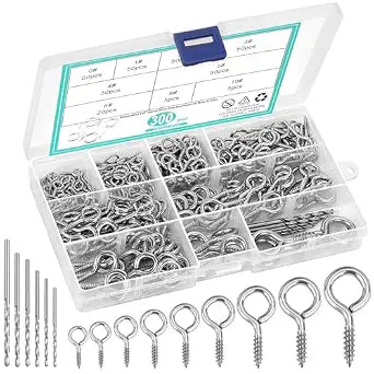 MAPVOLUT 306 PCS Eye Hooks Screws Assortment Kit, (0.6"-1.65") 9 Sizes Nickel Plated for Waterproof and Durability, Metal Eyelet Screws Eye Pins and Eye Bolts Screw in Wood Includes 6PCS Drill Bit